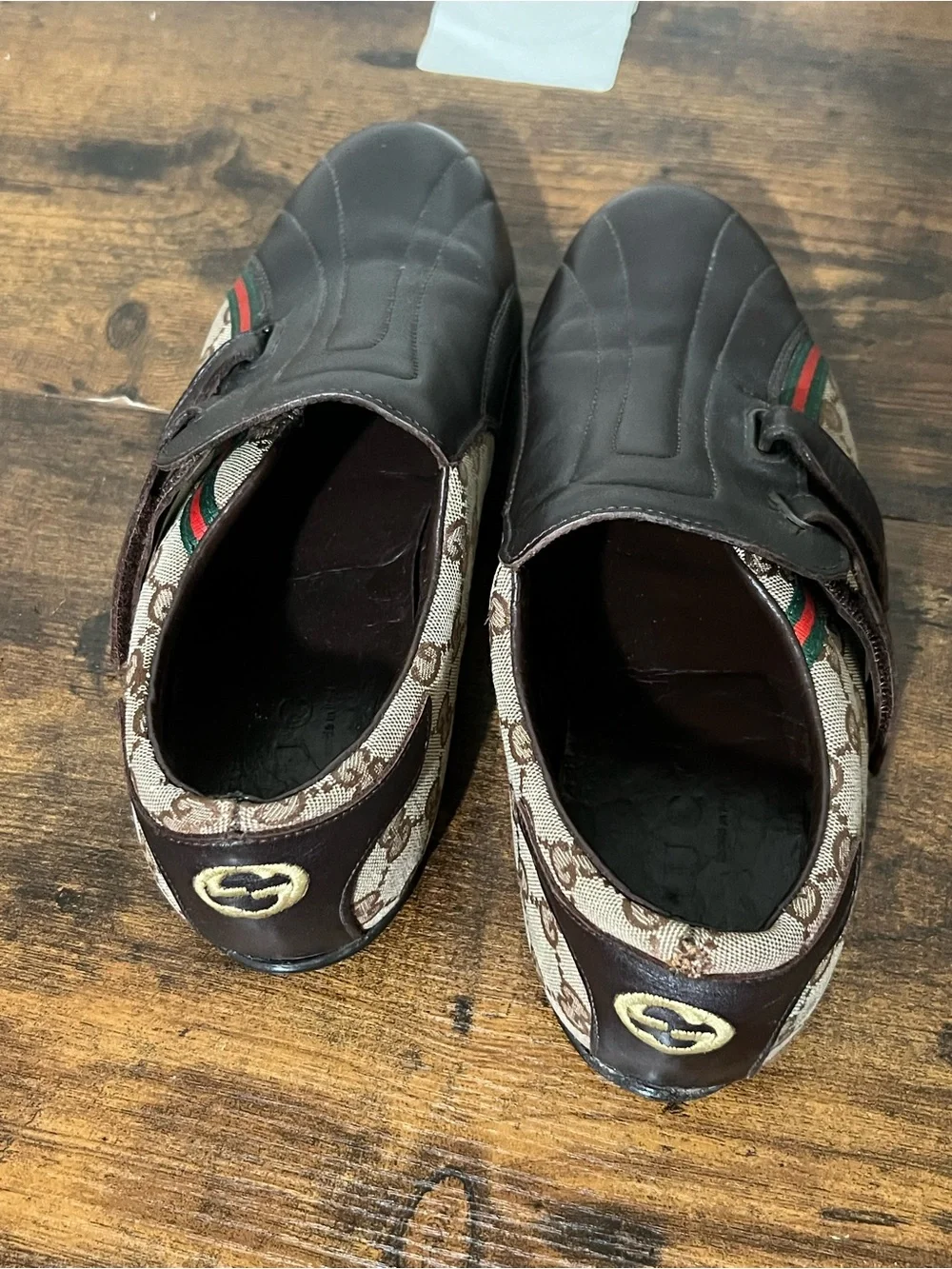 Gucci Brown GG Canvas & Dark Brown Leather Slip-Ons with Red-Green Stripe